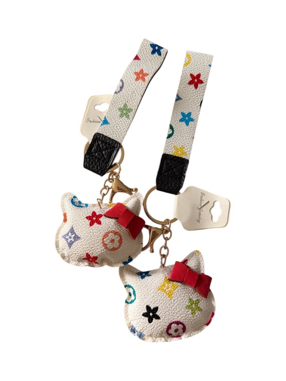 Bag charms-White Multicolor Cat Face Key  Holder with Red Bow